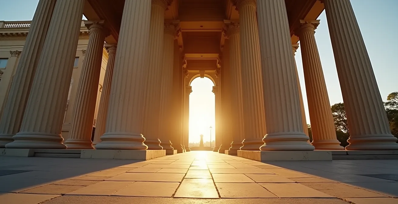 Colonial administrative building showcasing neoclassical columns and symmetry