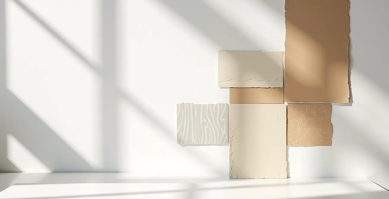 Abstract composition of overlapping paper textures and geometric shapes suggesting collage technique without readable text