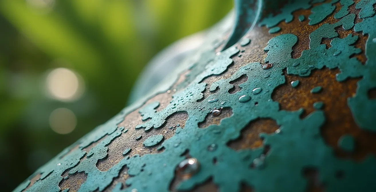Bronze sculpture in a garden setting showing natural patina development from environmental exposure