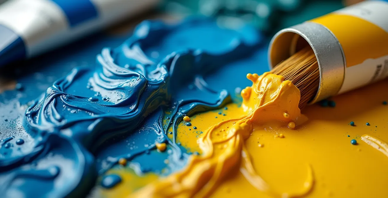 Macro shot of vibrant paint tubes and thick impasto brushstrokes