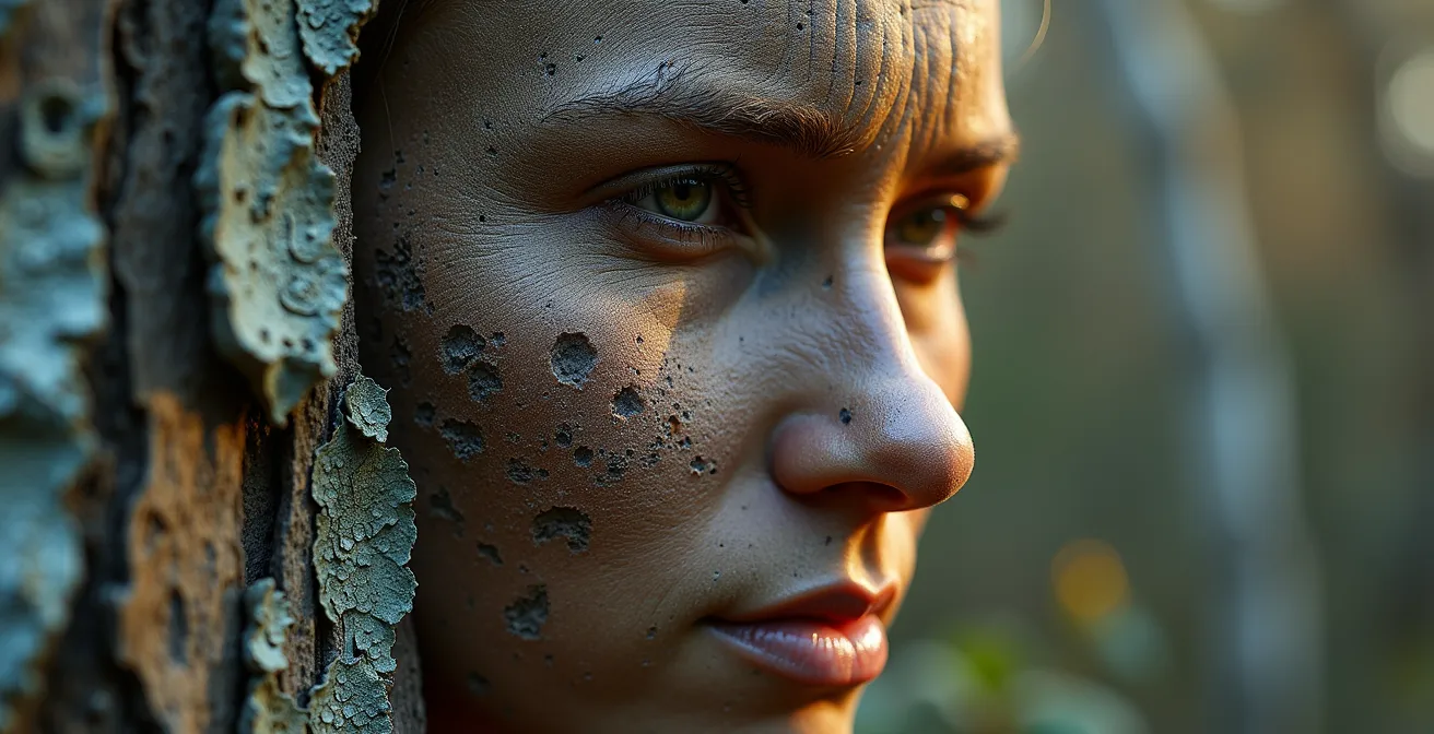 An optical illusion within natural tree bark, where the texture simultaneously forms a face in profile and an abstract landscape.