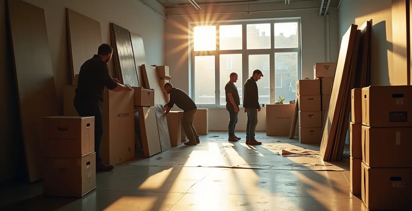 Gallery staff preparing artworks for upcoming art fair