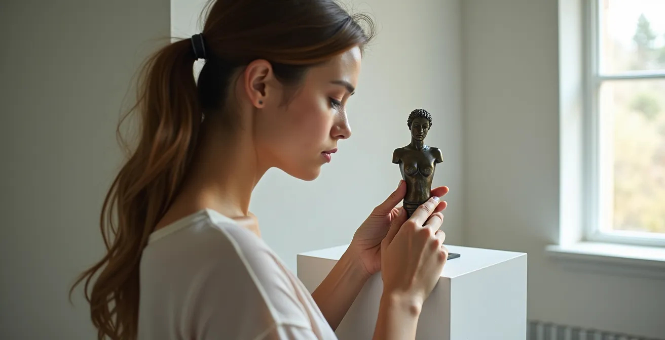 A minimalist room showing various pedestal heights with objects creating visual rhythm through negative space