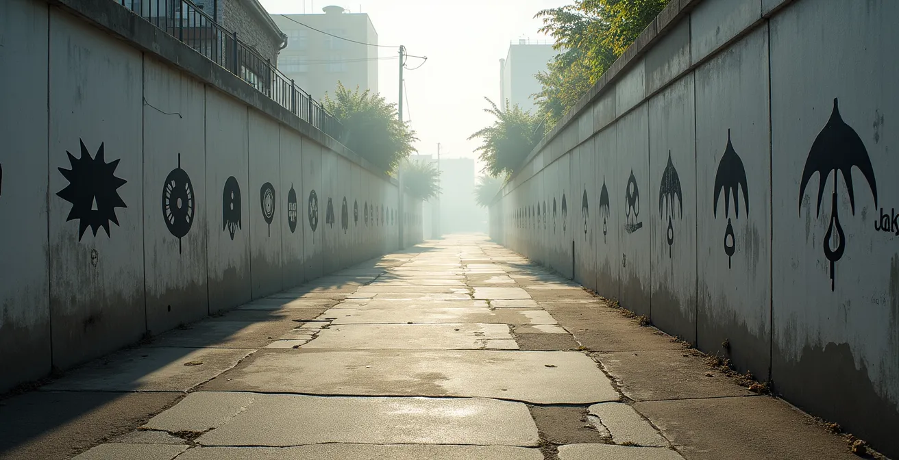 Environmental wide shot of protest symbols repeated across urban landscape