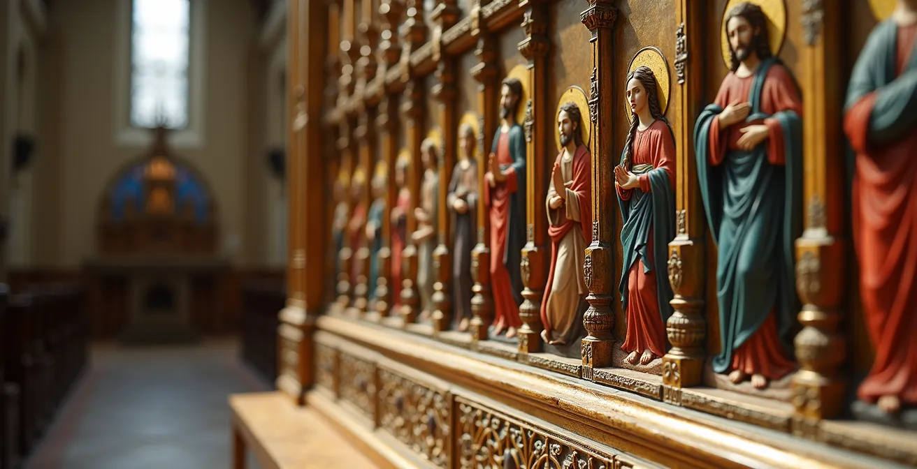 Close-up view of an ornate predella panel showing intricate narrative scenes at altar table height