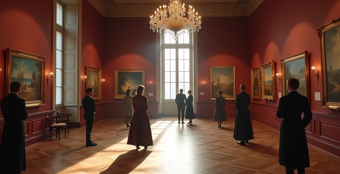 Elegant private art gallery showing modern paintings to bourgeois collectors