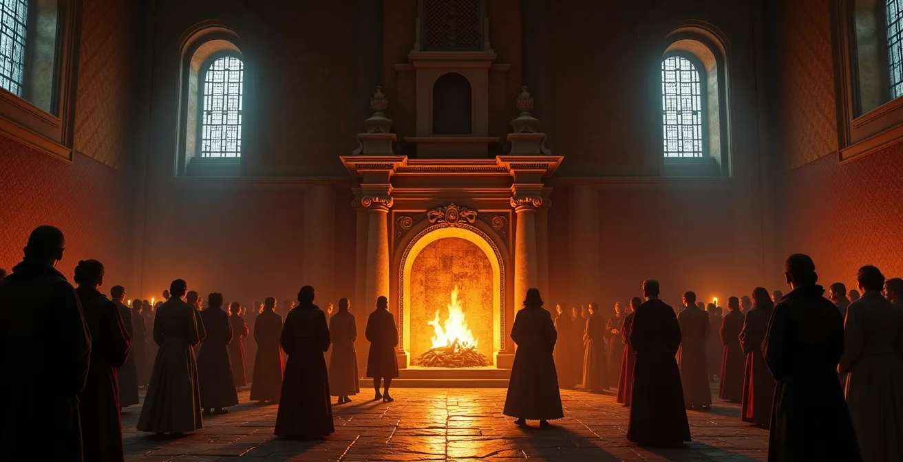 Interior of Renaissance great hall showing massive ornate fireplace with tapestried walls