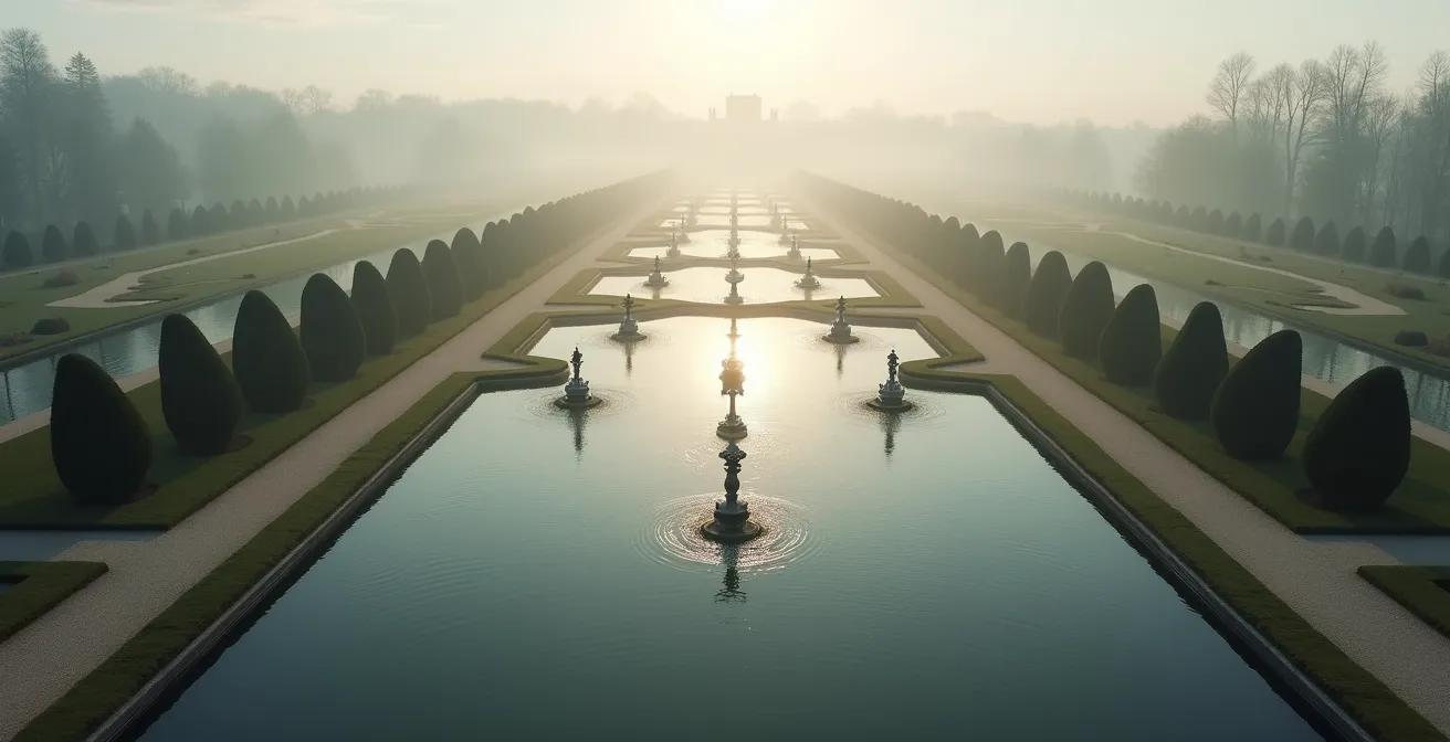 Aerial view of Renaissance castle with geometric water gardens and fountains