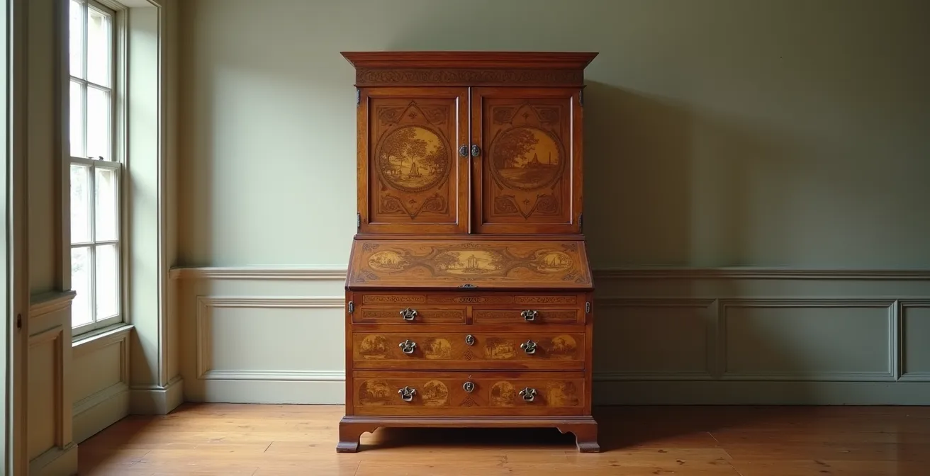 Wide shot of ornate marquetry panel on antique desk showing symbolic revolutionary imagery
