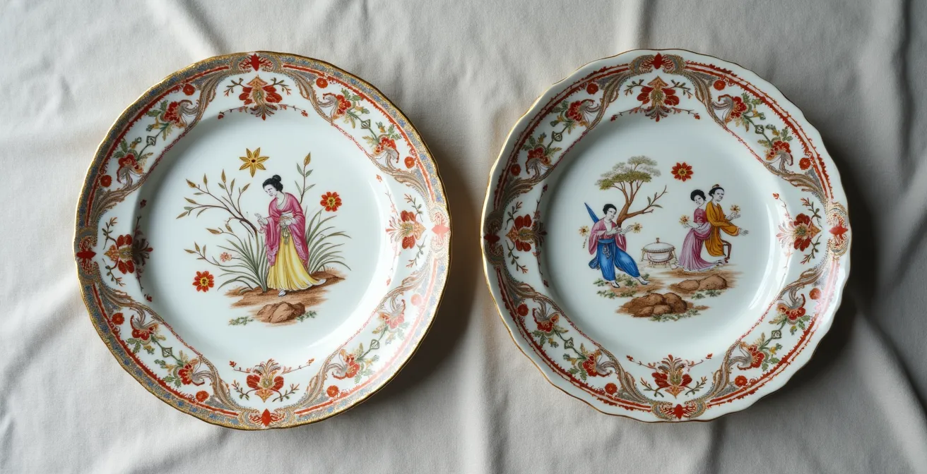 Side-by-side comparison of Rouen and Delft faience plates showing distinctive blue motifs