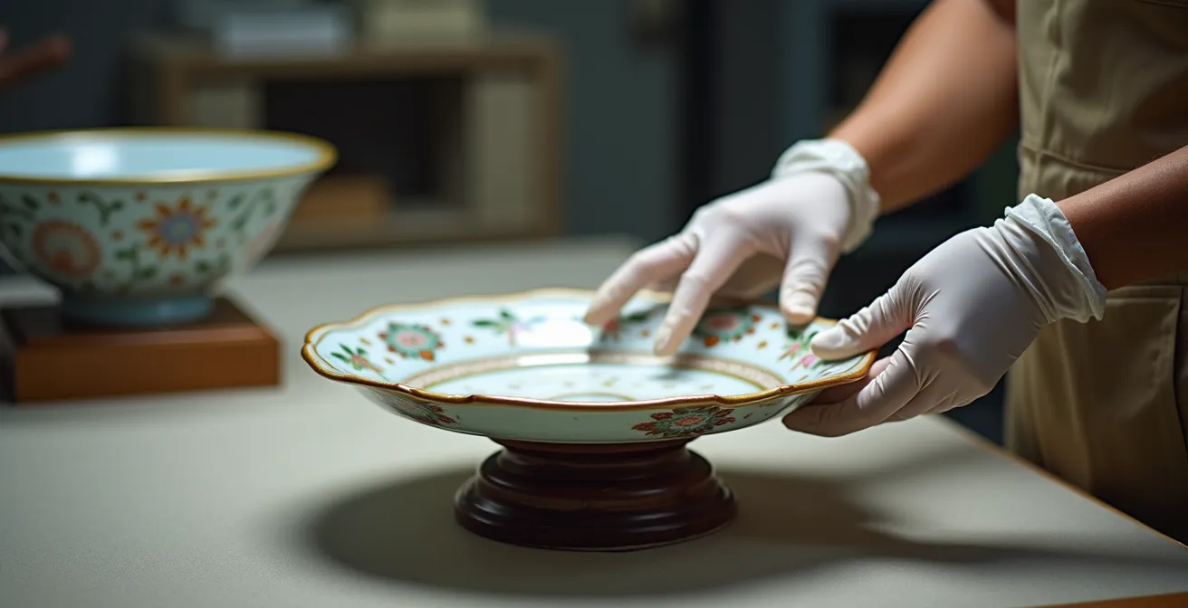 Museum-quality display setup showing faience platter on cushioned stand
