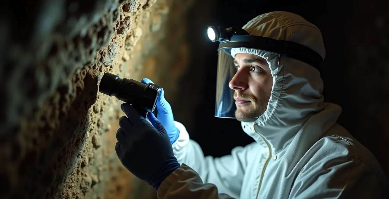 Scientist in protective suit examining cave wall with monitoring equipment
