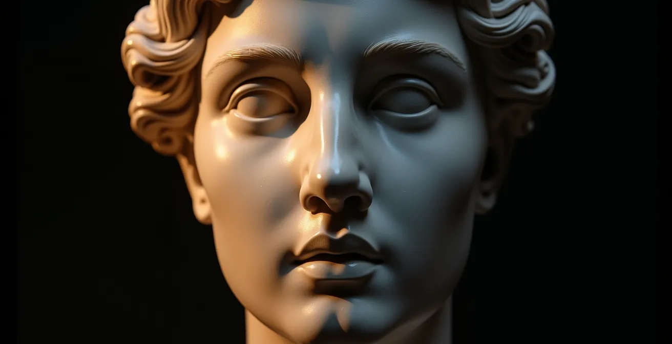 Close-up of a sculptured face illuminated from different angles showing how lighting changes its expression