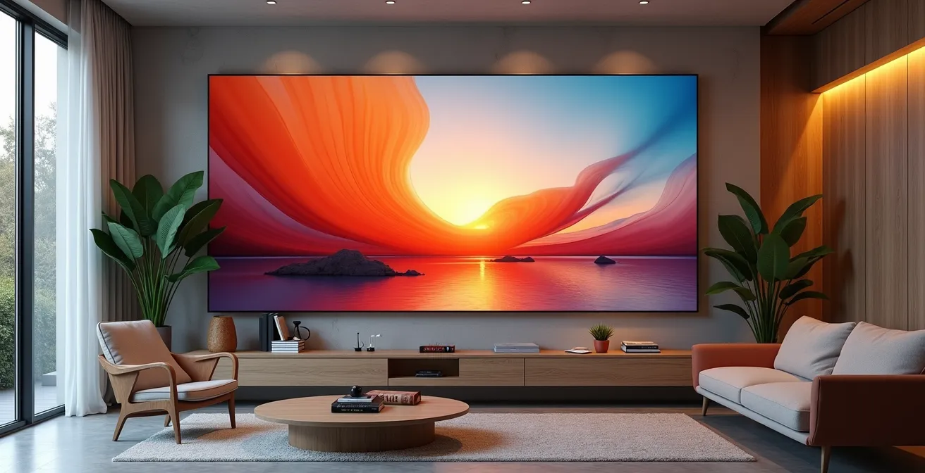 Modern living room with integrated digital art display seamlessly built into wall architecture