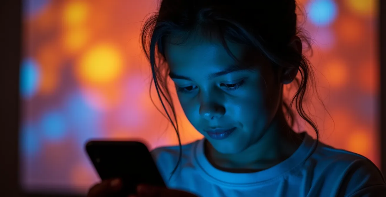 Museum visitor photographing themselves instead of viewing art with colorful projections reflecting on their face