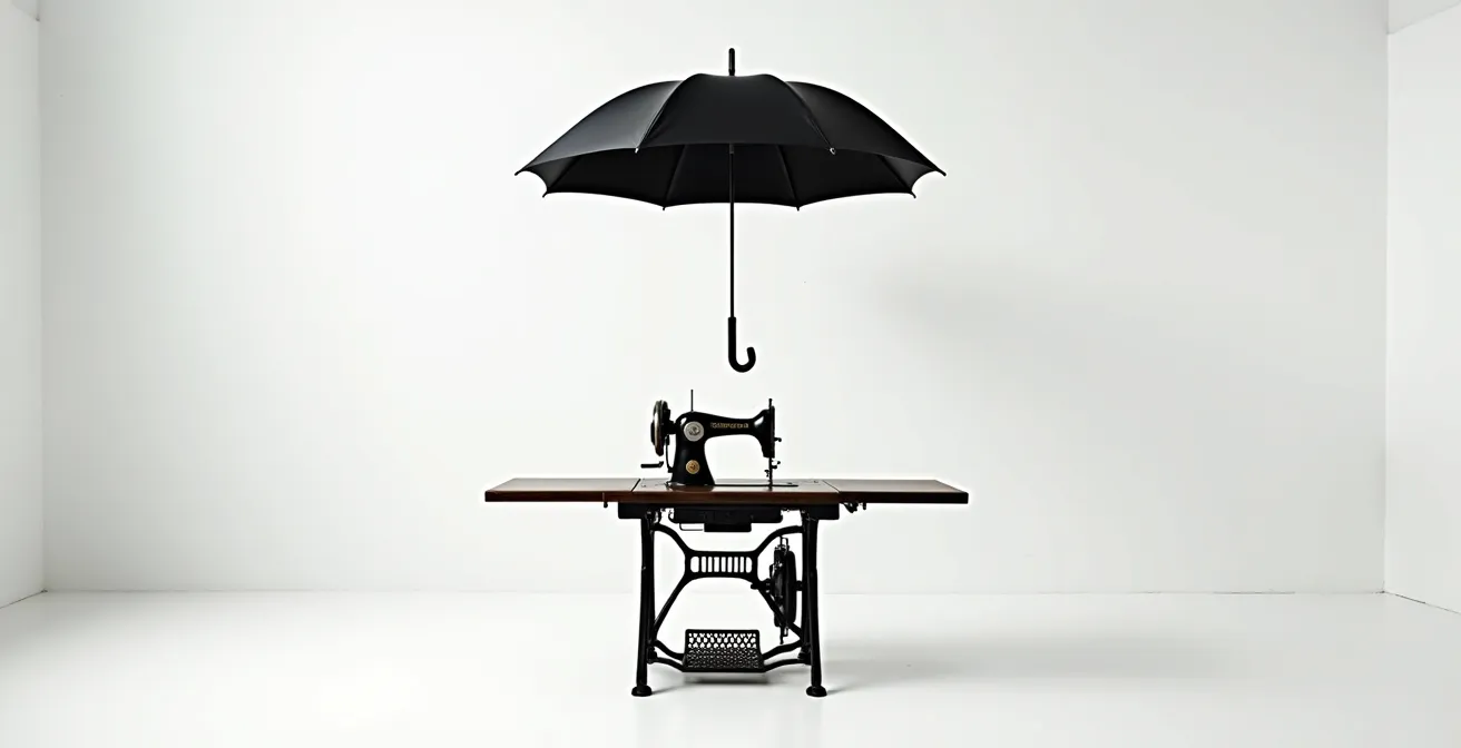 Unexpected juxtaposition of ordinary objects creating an uncanny atmosphere in a minimalist gallery space.