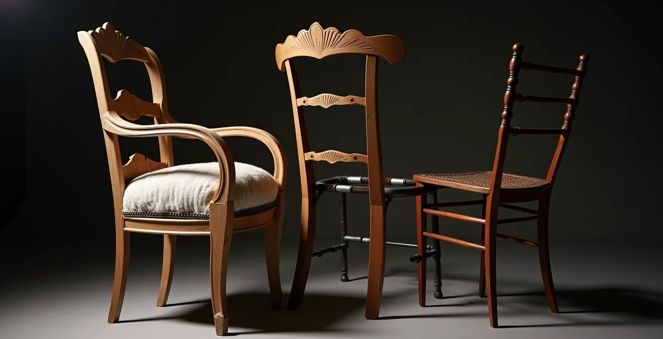 Artistic arrangement of deconstructed chair components showing the tension between curved wood and modern materials.