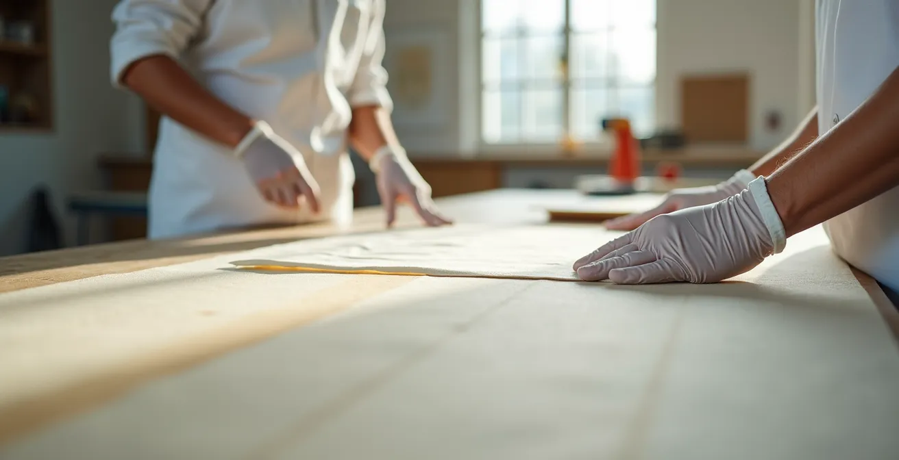 Museum conservator carefully applying a Velcro support system to the back of a historic tapestry