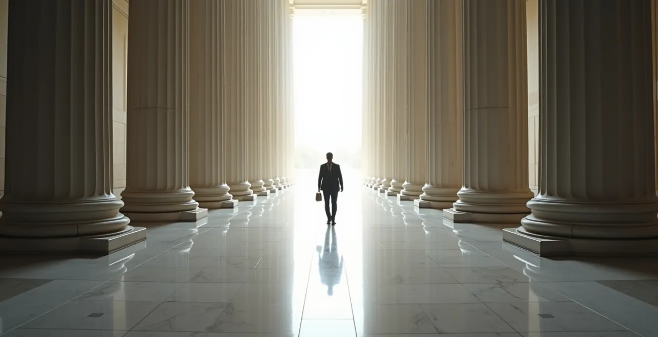 Empty marble government hall with echoing acoustics and towering columns