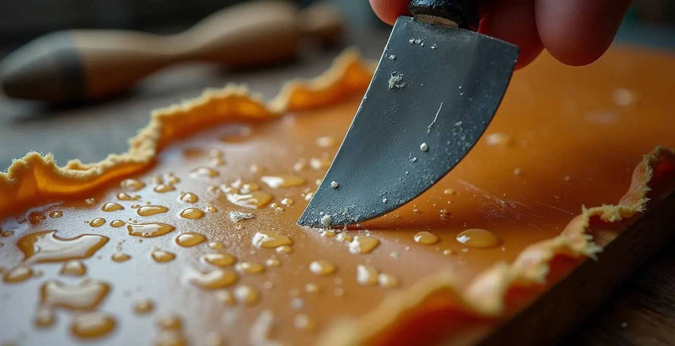 Medieval craftsman preparing animal skins in lime baths for vellum production
