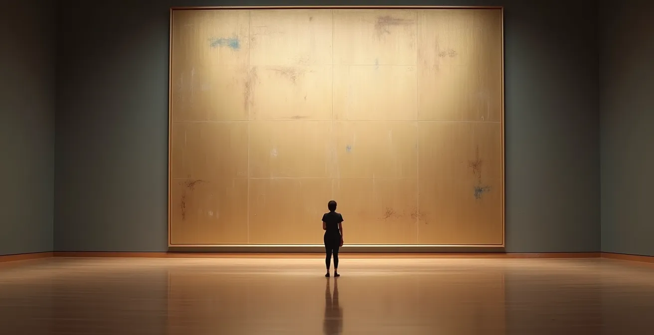 Person dwarfed by enormous painting in museum, showing dramatic scale difference