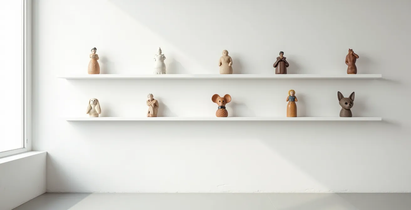Minimalist display of vintage figurines arranged chronologically showing style evolution