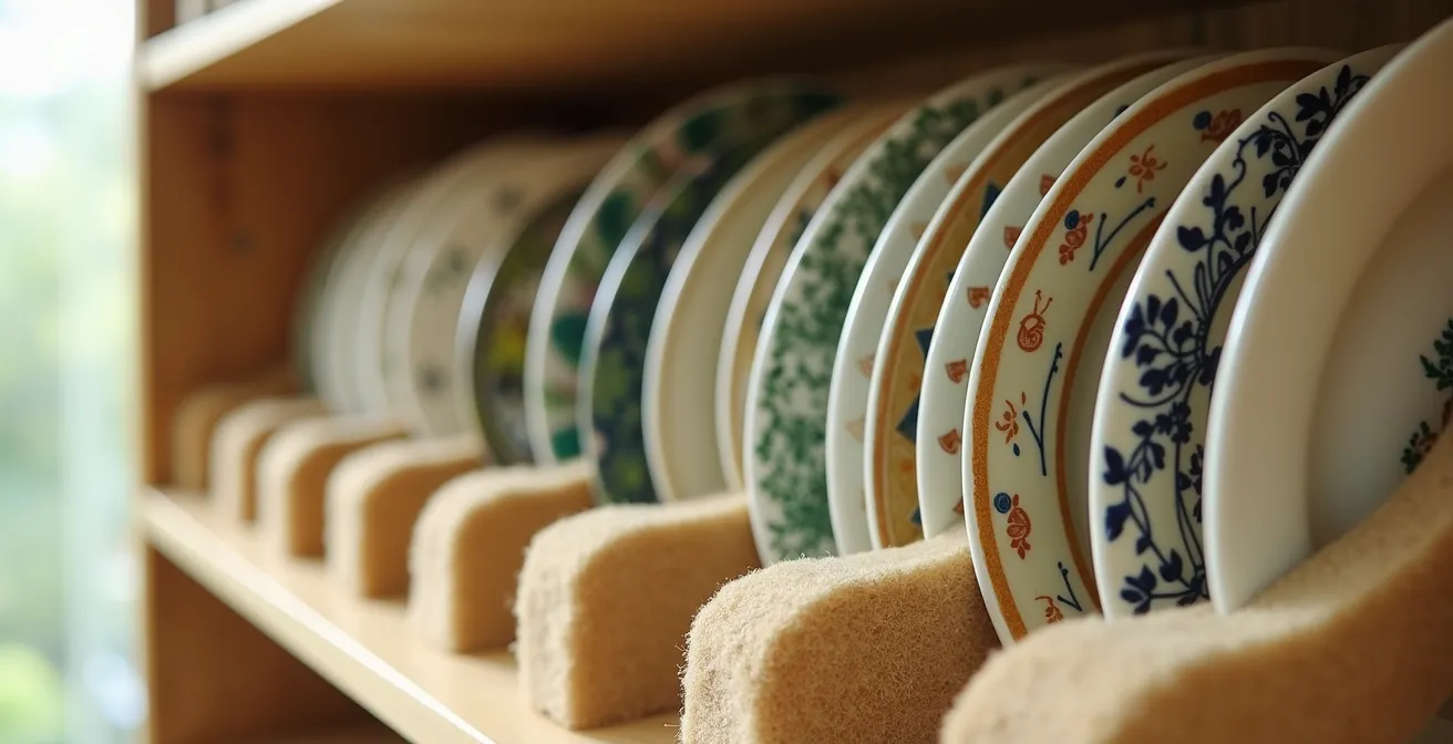 Antique plates stored vertically with protective felt dividers in a minimalist cabinet setting