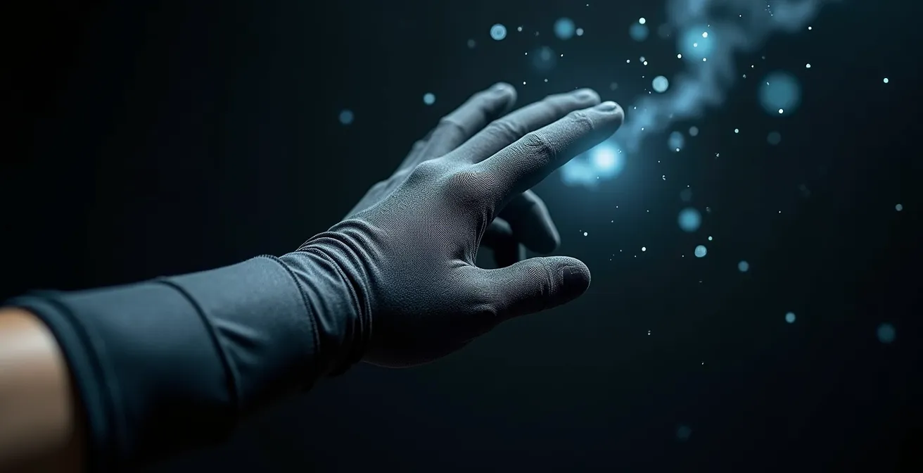 Extreme close-up of a hand wearing a haptic feedback glove reaching toward a glowing virtual artifact