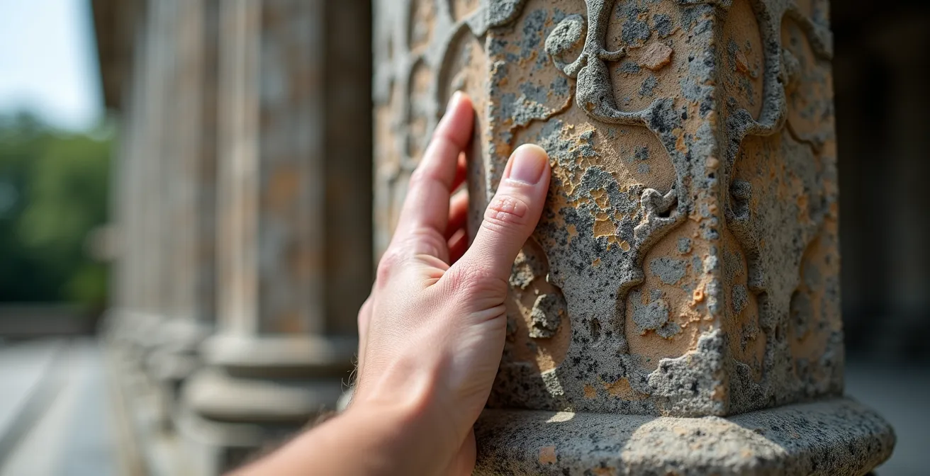 Close-up of weathered granite column showing texture and patina of age