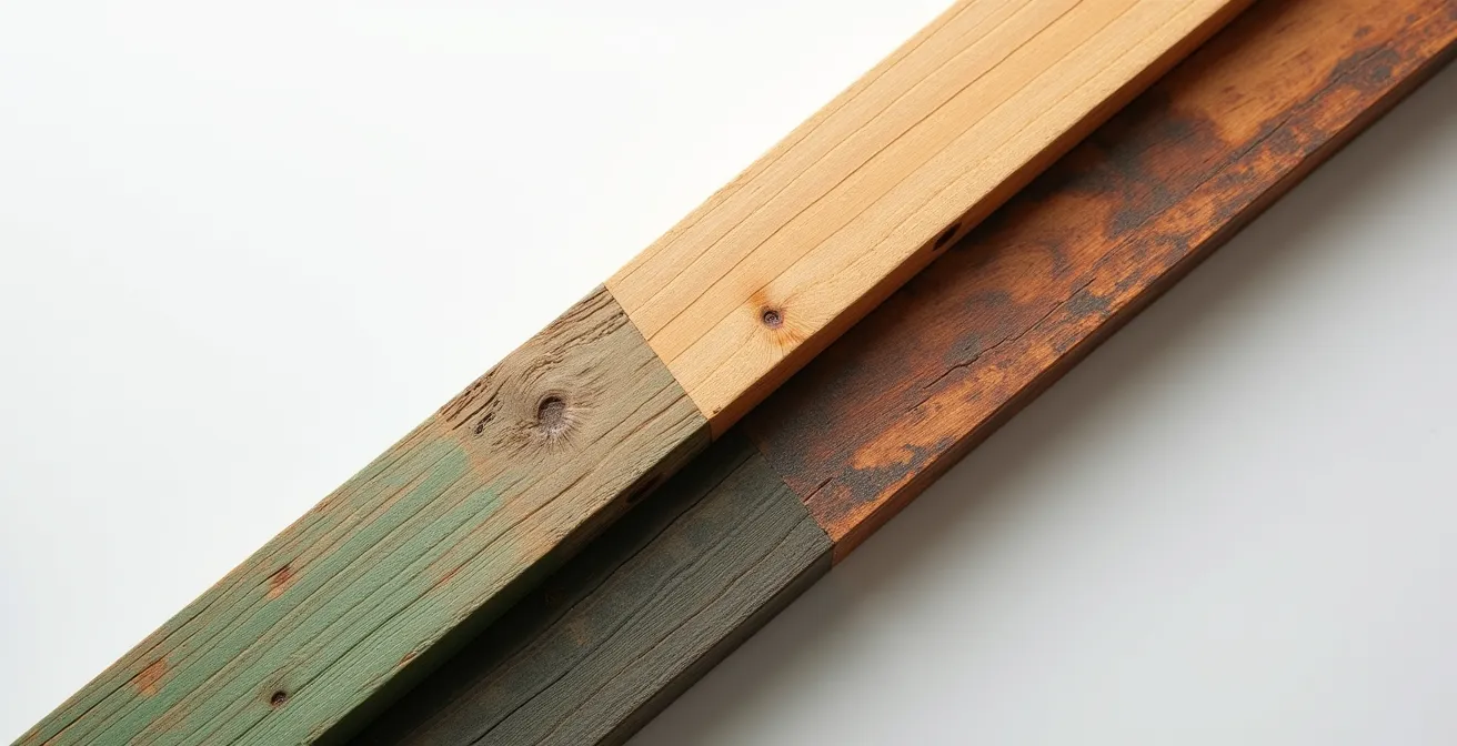 Split view showing green to brown color transformation in antique wood under UV exposure