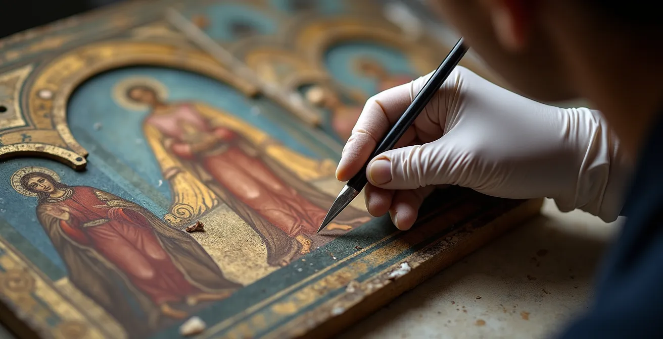 Detail of altarpiece showing areas worn smooth from centuries of devotional touching and deliberate iconoclastic damage