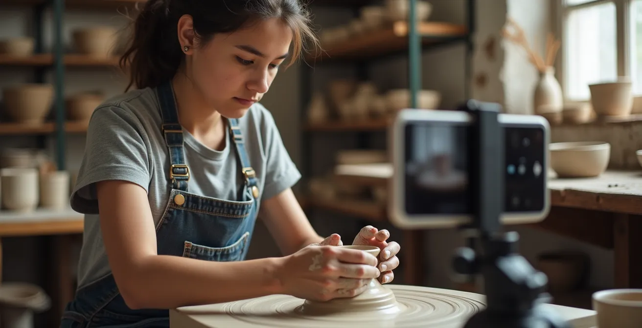 Young potter creating content for social media while working at pottery wheel